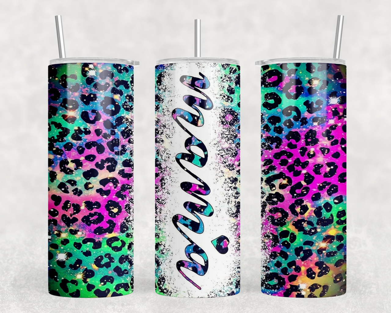 Neon Leopard Print Mama |Skinny Tumbler|Optional Bluetooth Speaker| Speaker Color Varies