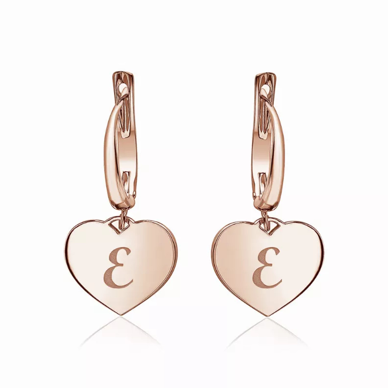 Sterling Silver Rose Gold Plated Girls Heart Dangle Leverback Earrings Initial Engraved Letters A-Z - UJEL-8022-RGP-E