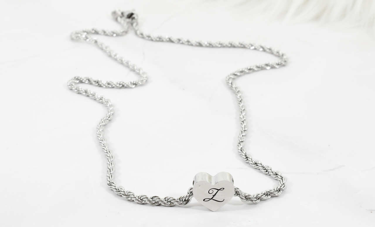 Heart Charm Initial Rope Necklace By Pink Box - 2021ROPEHRTZSLV