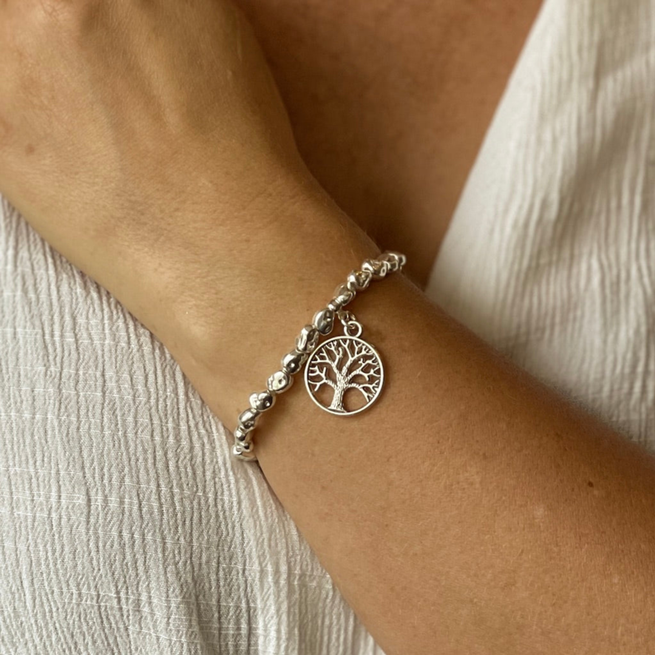Tree Charm Nugget Bracelet in Silver Plate
