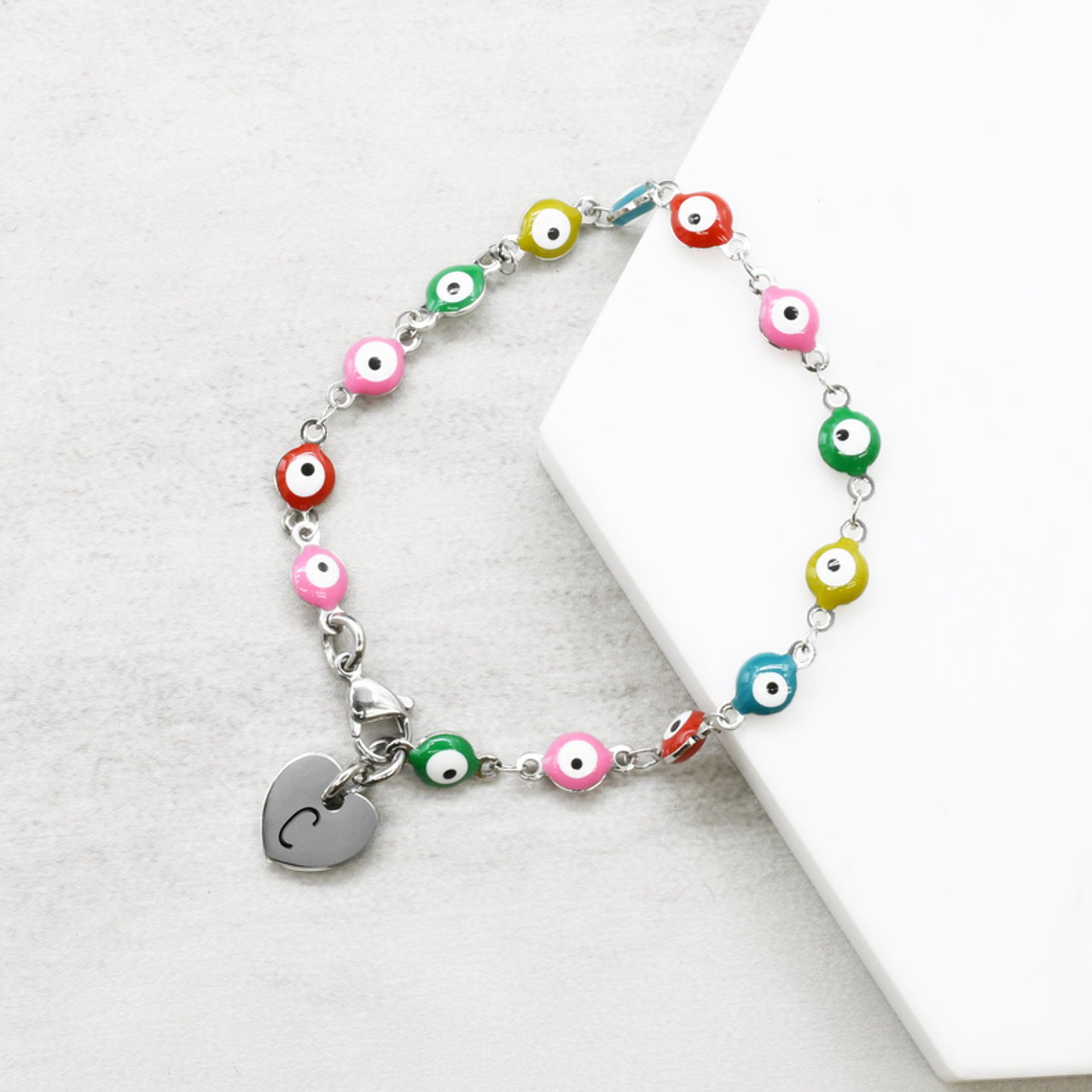 Dainty Reversible Evil Eye Heart Initial Bracelets By Pink Box - PinkBox3-829