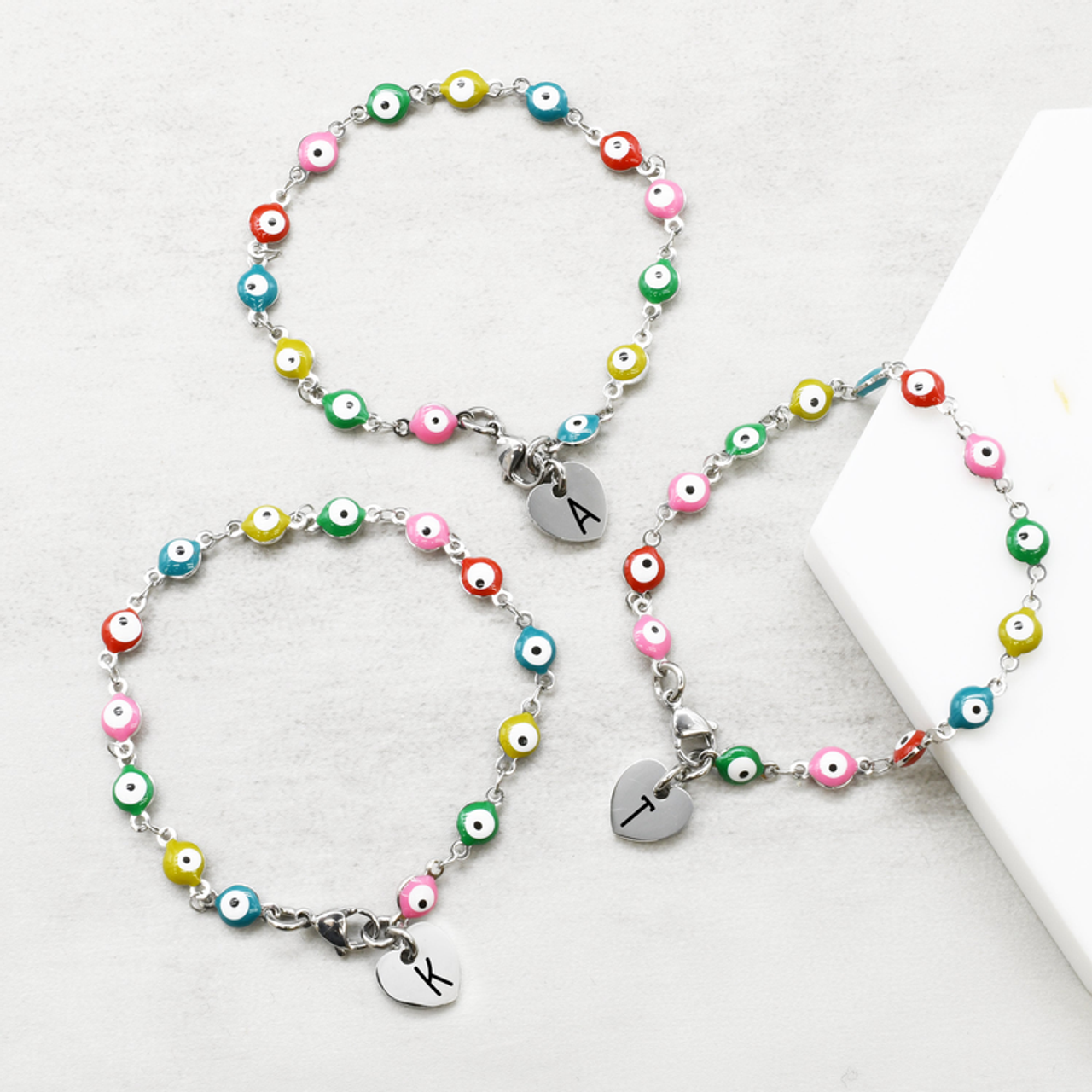 Dainty Reversible Evil Eye Heart Initial Bracelets By Pink Box - PinkBox3-852