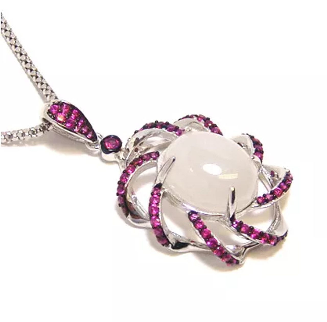 White Jade, Ruby Color Dangle Pendant, 925 Sterling Silver