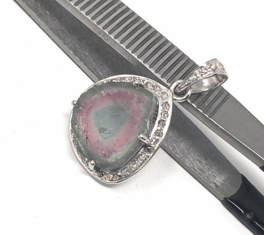 Watermelon Tourmaline Pendant, Gemstone Pendant, Sterling Silver Watermelon Tourmaline Slice Diamond Pendant, October Birthstone Jewelry