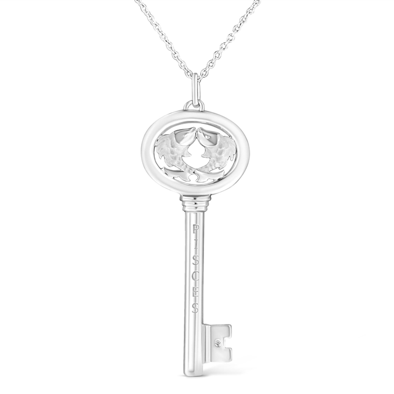.925 Sterling Silver Diamond Accent Aquarius Zodiac Key 18" Pendant Necklace