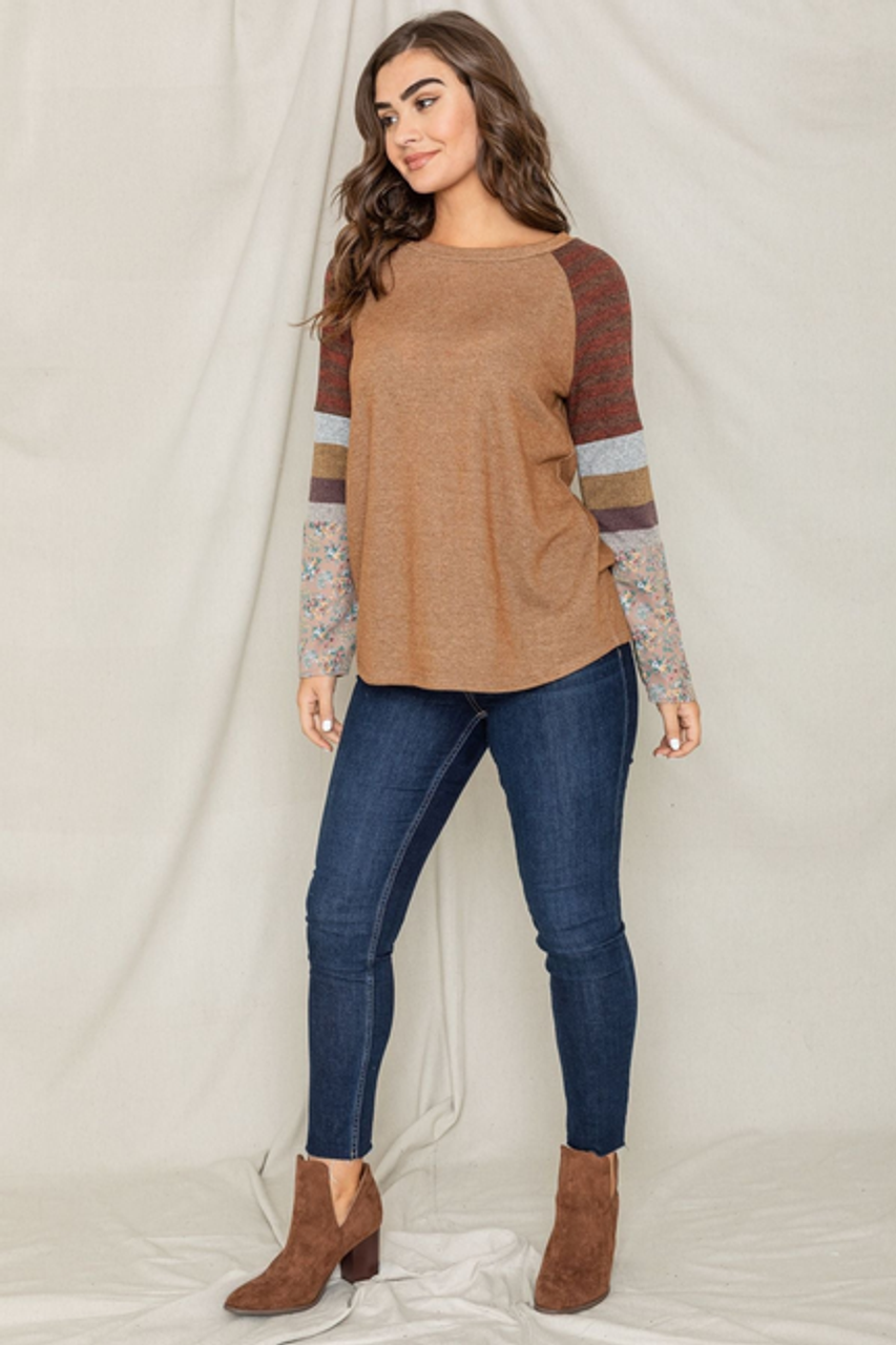 Camel Terry Raglan Contrast Pattern Color Block Sleeve Tunic