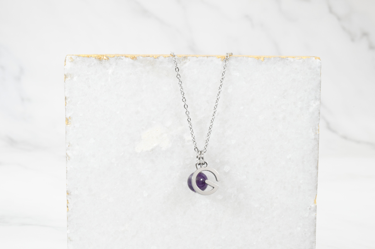 Natural Amethyst Initial Necklace By Pink Box - TINYAMETHGSLV Natural Amethyst Initial Necklace By Pink Box - TINYAMETHGSLV