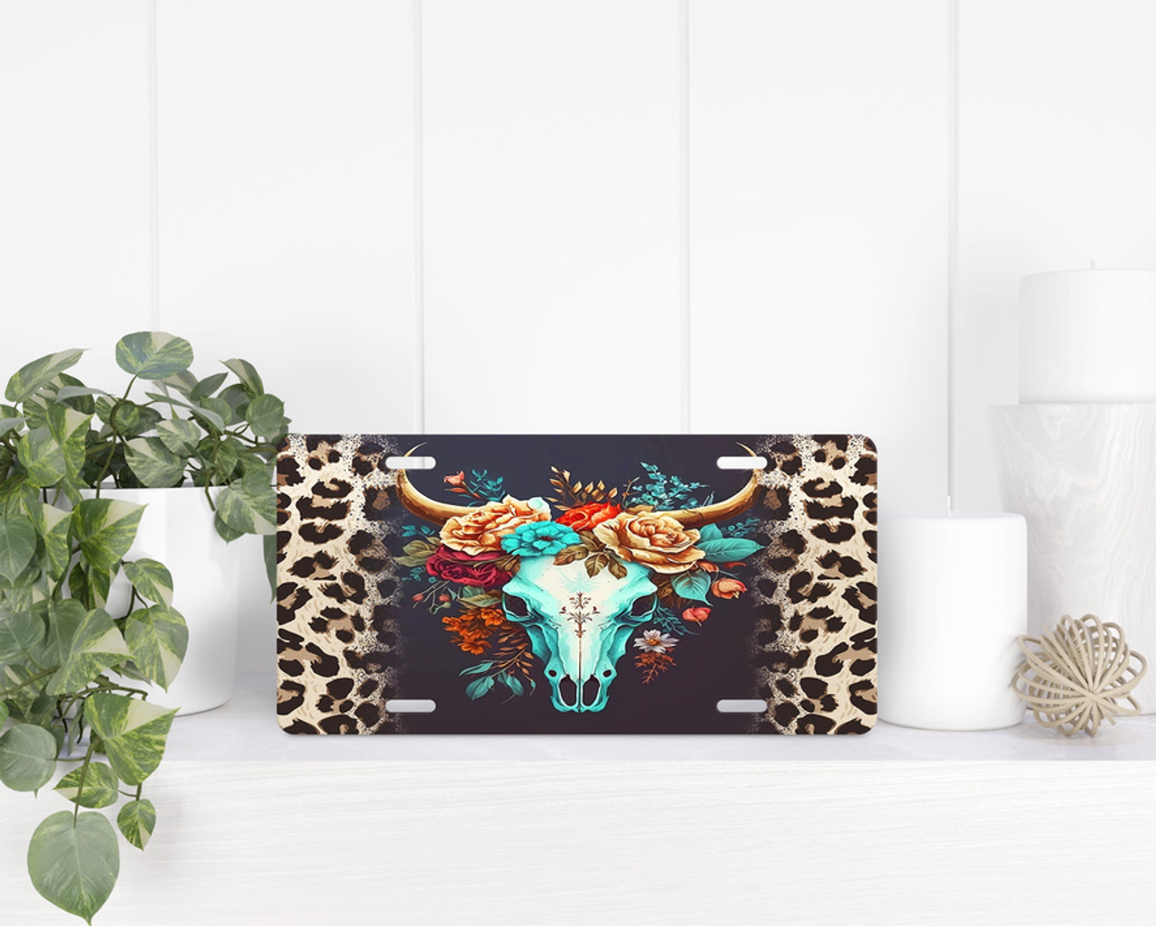 Floral Bull Skull License Plate