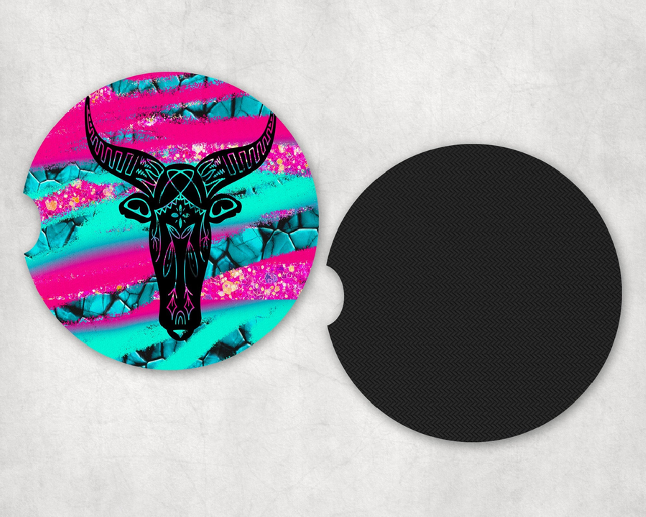 Neon Bull Skull |Car Coaster Set
