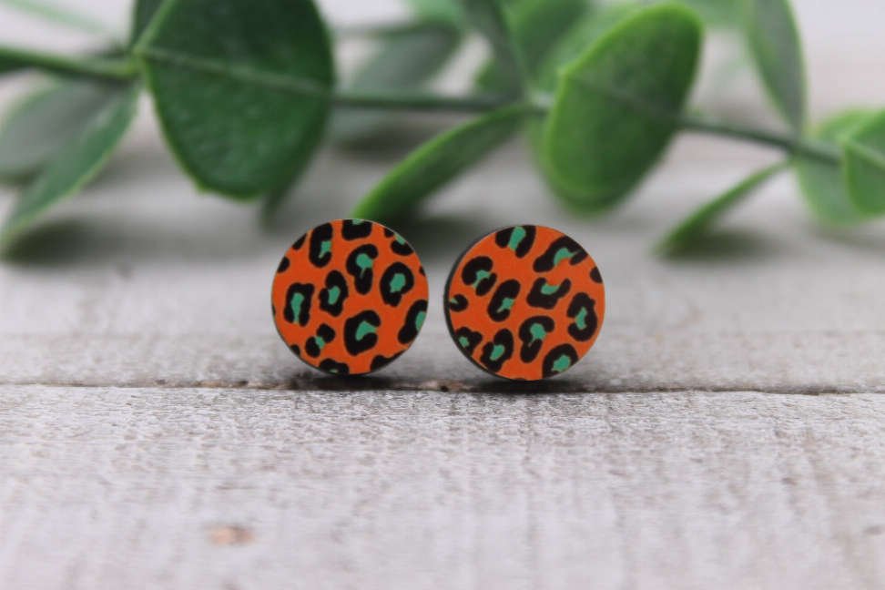 Leopard Circles Wood Stud Earrings