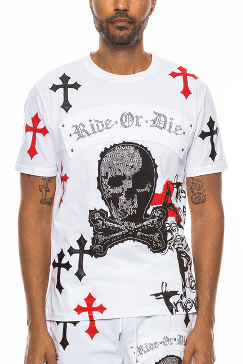 Bejewelled Chrome Skull TShirt - WT4106-WHITERED-M