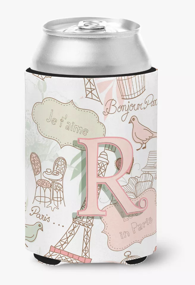 Monogram Letter Love in Paris Pink Can or Bottle Hugger - CJ2002-RCC