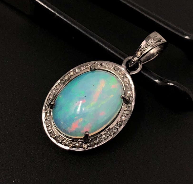 Ethiopian Opal Pendant, Gemstone Pendant, Diamond Pendant, Oxidized Sterling Silver Opal Pendant, Pave Diamond Jewelry, Gifts for Her
