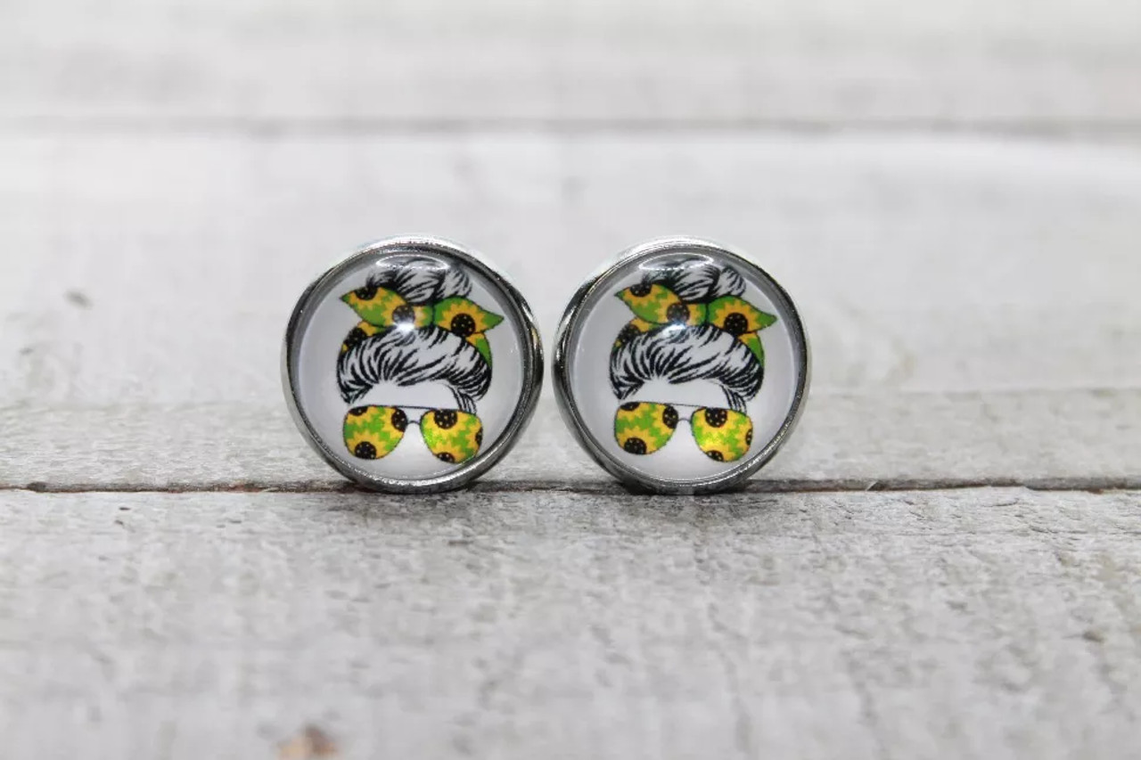 Sunflower Messy Bun & Sunnies  Glass Stud Earrings