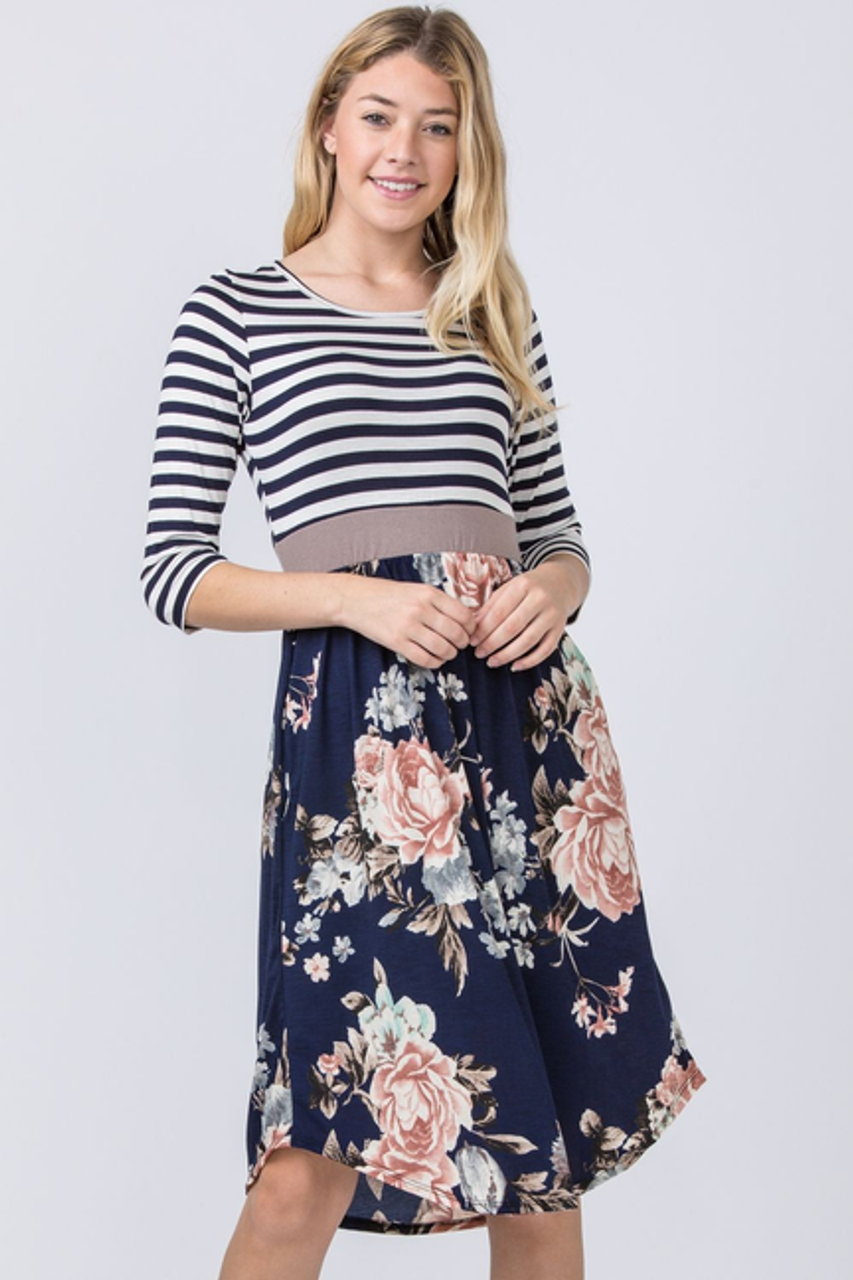 Stripe Floral Curved Hem Midi Dress with Band