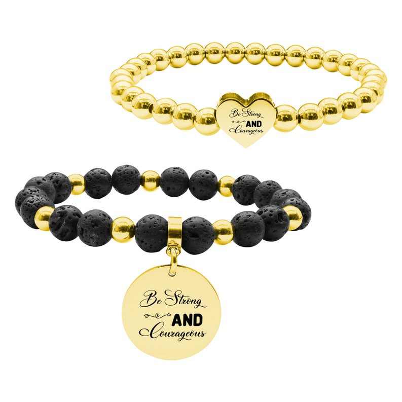 Pink Box 2 Piece Stackable Inspirational Bead Bracelets - SS6MMHRT.22MMLAVA-SVG.BESTRONGANDCOURAGEOUS-GLD