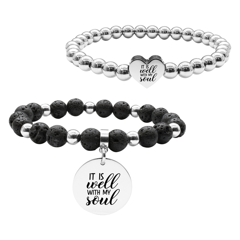 Pink Box 2 Piece Stackable Inspirational Bead Bracelets - SS6MMHRT.22MMLAVA-SVG.ITISWELLWITHMYSOUL-SLV