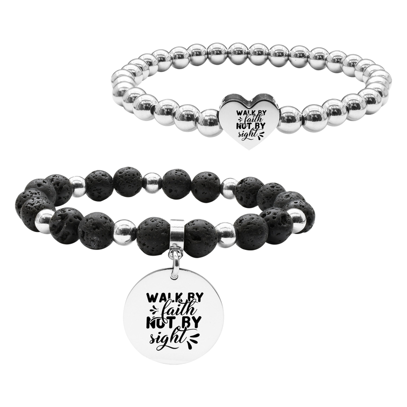 Pink Box 2 Piece Stackable Inspirational Bead Bracelets - SS6MMHRT.22MMLAVA-SVG.WALKBYFAITH-SLV