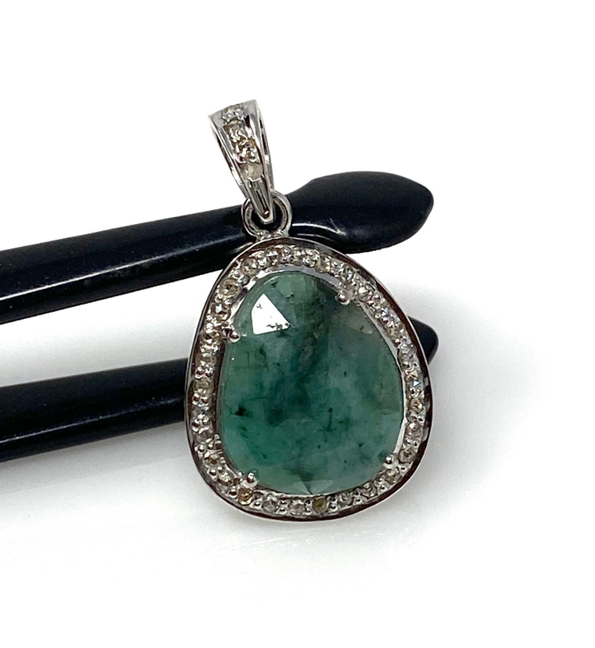 Emerald Diamond Pendant, Natural Emerald Sterling Silver Pendant, May Birthstone Pendant, Pave Diamond Pendant, 1.10" x 0.75" Emerald Diamond Pendant, Natural Emerald Sterling Silver Pendant, May Birthstone Pendant, Pave Diamond Pendant, 1.10" x 0.75"