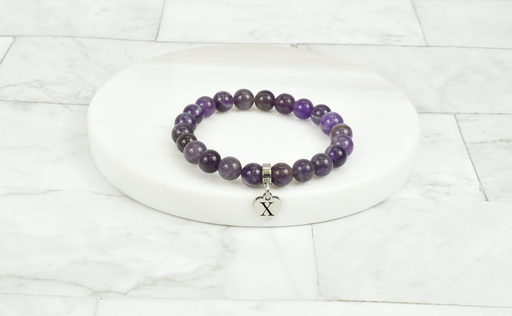 Women's Natural Amethyst With Tiny Heart Intial Charm Bracelet By Pink Box - THRTAMETHYSTXMD