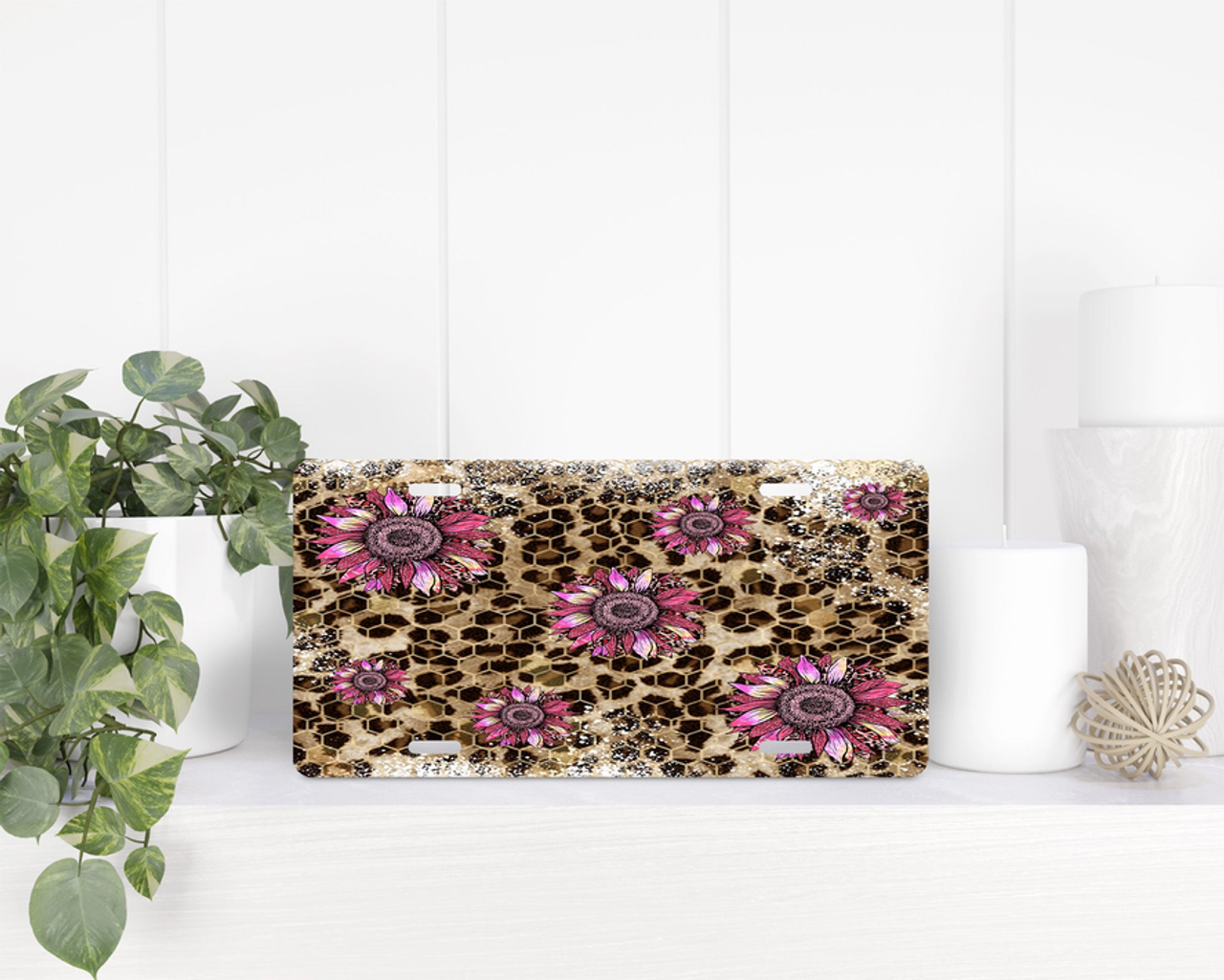 Leopard Print Sunflower License Plate