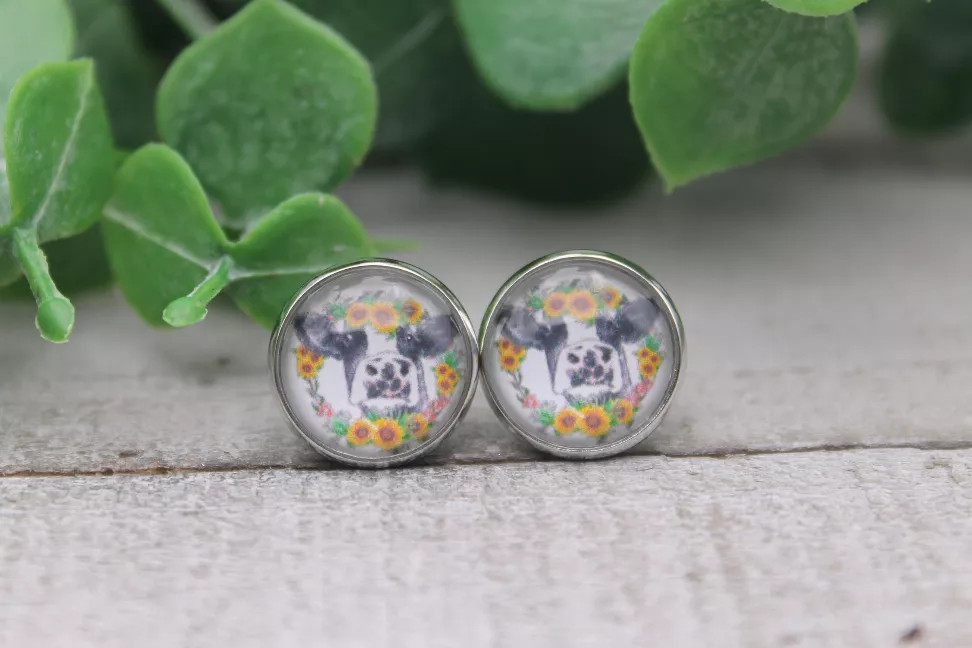 Sunflower Wreath Cow  Glass Stud Earrings
