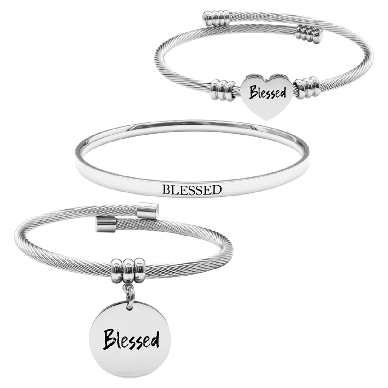 Pink Box 3 Piece Womens Inspirational Bracelet Set - PBC.RNBG.OHC-BLESSED-SLV