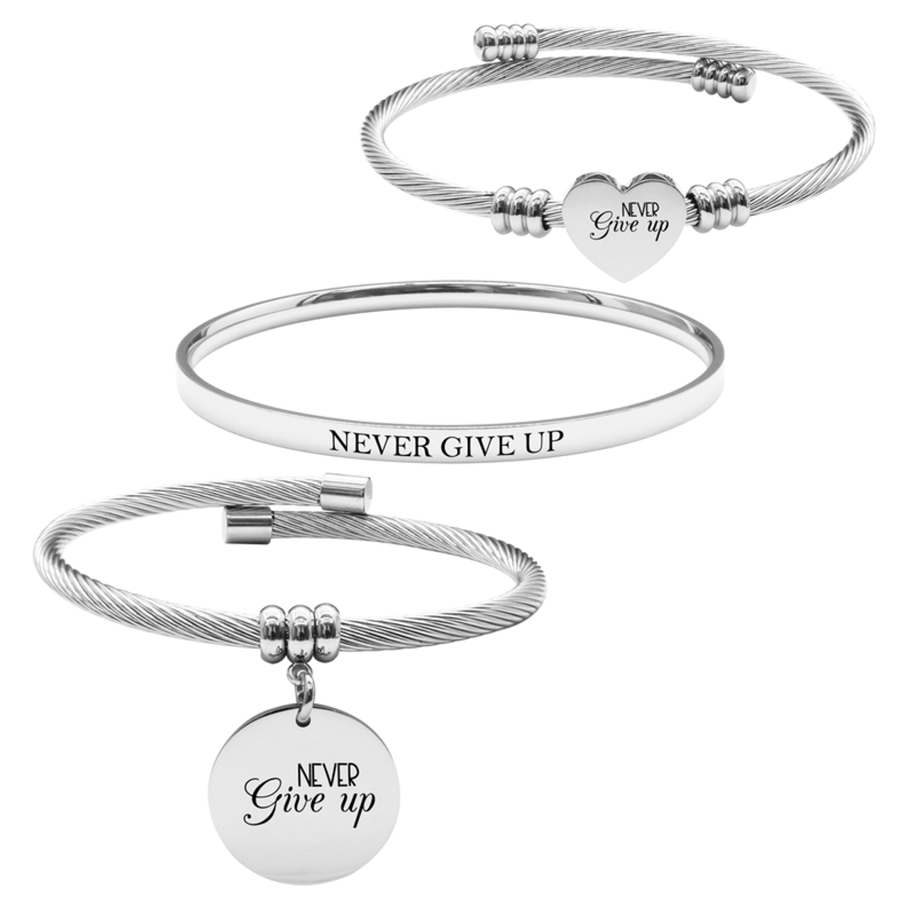Pink Box 3 Piece Womens Inspirational Bracelet Set - PBC.RNBG.OHC-NEVERGIVEUP-SLV