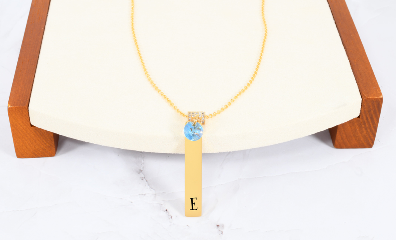 Initial Necklace With Aquamarine Austrian Crystals By Pink Box - 3 Colors - SWACZFLATBAREAQUAGLD