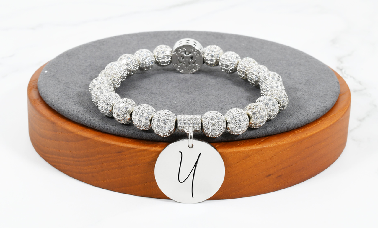 Pink Box Iced Out Initial Emblem Bracelet in Silver Accent - PBICED22MMYSLVMD