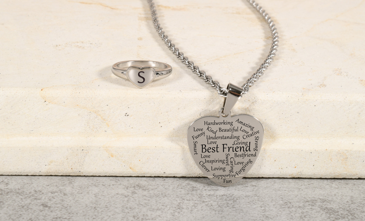 Best Friend Heart Tag Necklace and Heart Puffed Initial Ring Set By Pink Box - HRTTAGTBESTFRIENDSLV