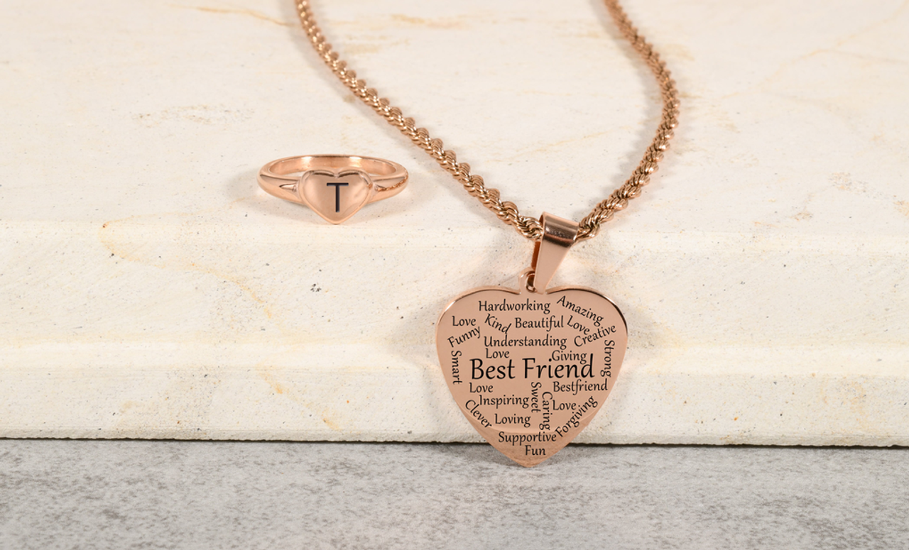 Best Friend Heart Tag Necklace and Heart Puffed Initial Ring Set By Pink Box - HRTTAGTBESTFRIENDRGD