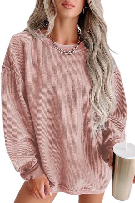 Faith Solid Ribbed Knit Round Neck Pullover Sweatshirt - FaithKnitPullover-Pink-XL