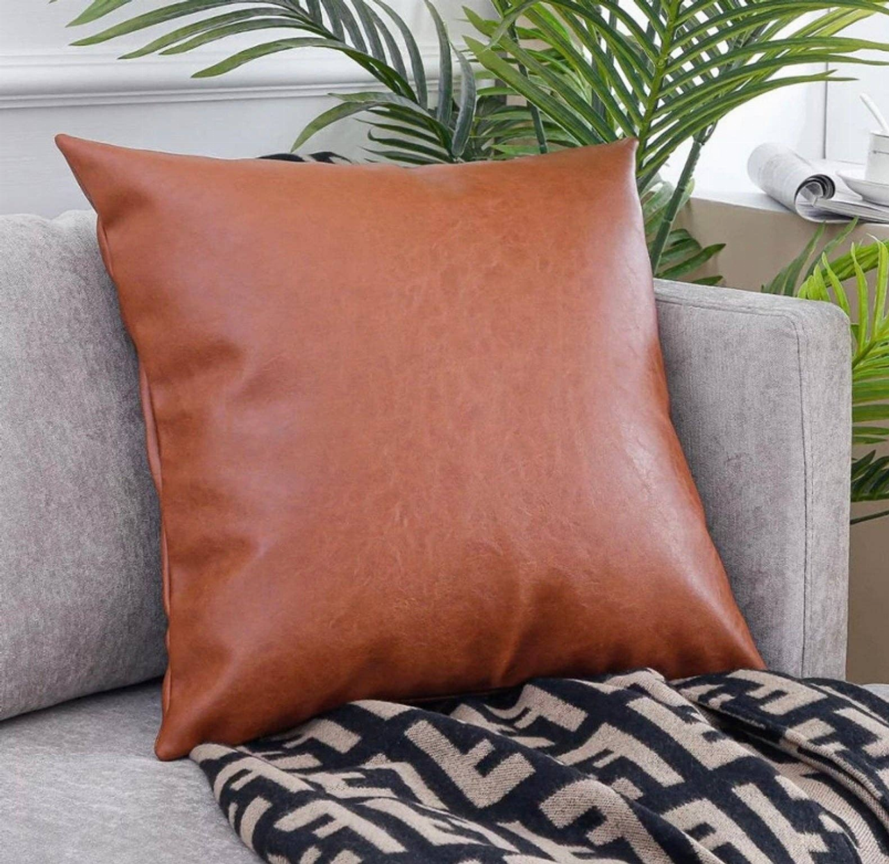Faux Leather Throw Pillow Cover- Brown with strips