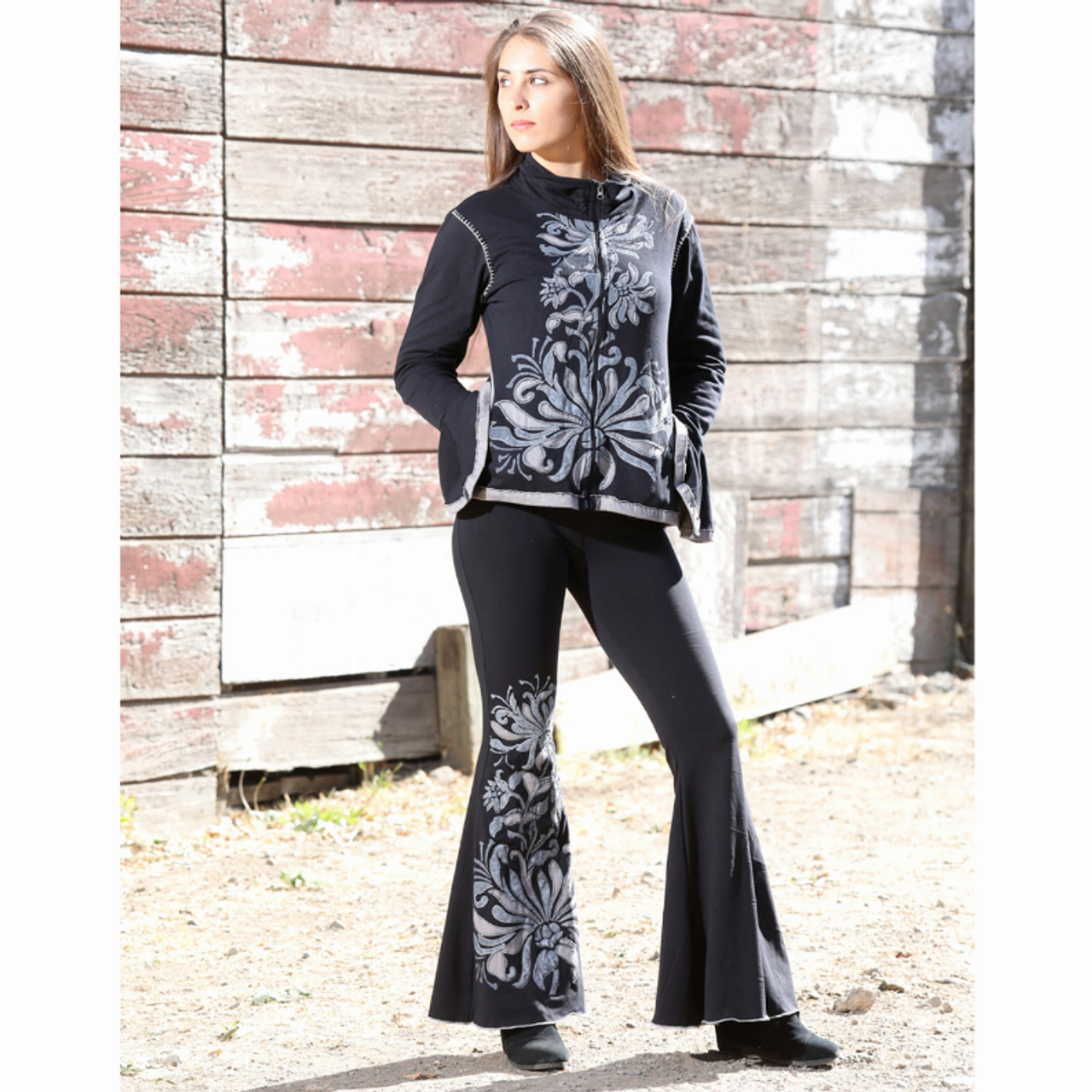 SHANTI PANTS Cotton Lycra Bell Bottom Yoga Pants With Flower Print, Cut Out & Embroidery - PAW79WpantsPAW79-Blk-L