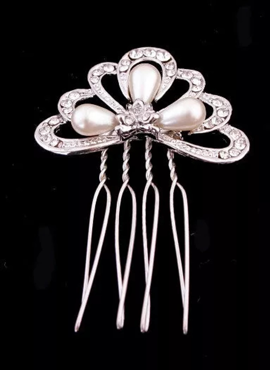 Wire Side Hair Comb with Drop Pearls & Swarovski Crystals - 1742-03