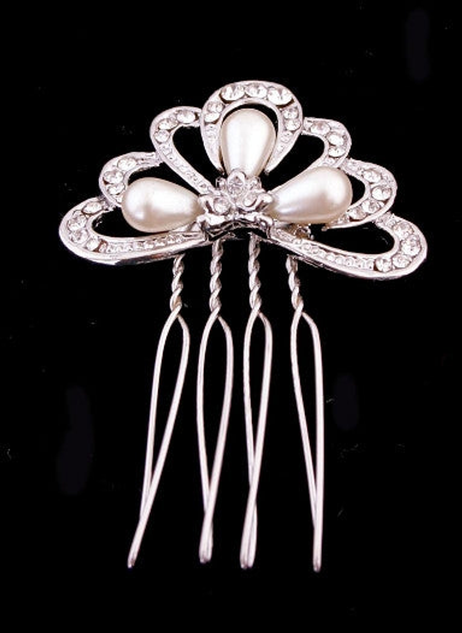 Wire Side Hair Comb with Drop Pearls & Swarovski Crystals - 1742-09