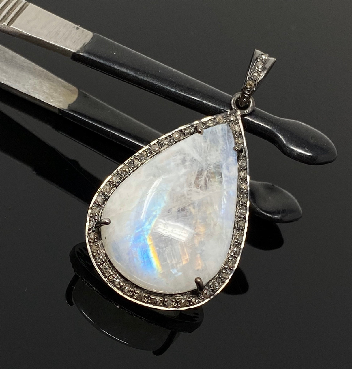 Moonstone Pendant, Gemstone Pendant, Diamond Pendant, Pave Diamond Pendant - Oxidized Sterling Silver Rainbow Moonstone Pendant - GLD 14