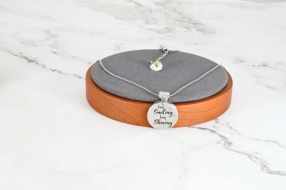 Inspirational Disc Necklace Made With Austrian Crystals By Pink Box - MICRO22MMKEEPSMILING