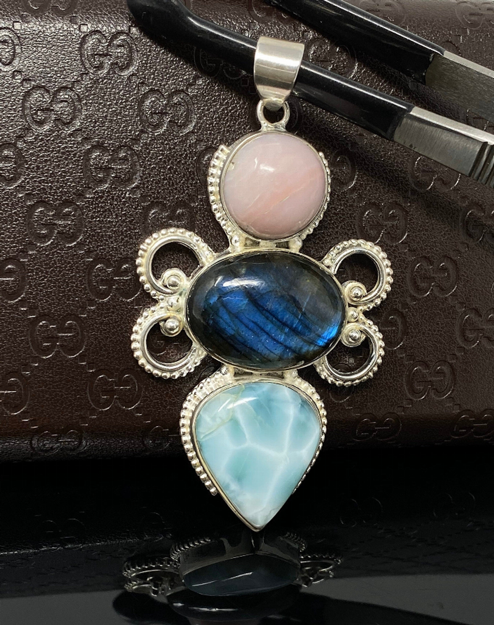 Larimar Pendant, Labradorite Pendant, Pink Opal Wire Wrapped Pendant, Gemstone Pendant, Silver Jewelry Gifts for Her, Bohemian Jewelry - P 130