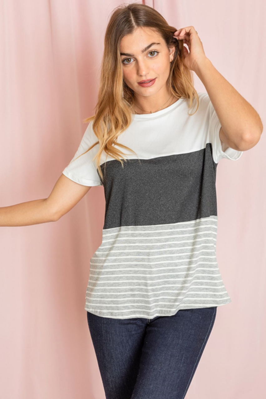 Stripe Color Block Short Sleeve Top - 2ELOGES2399