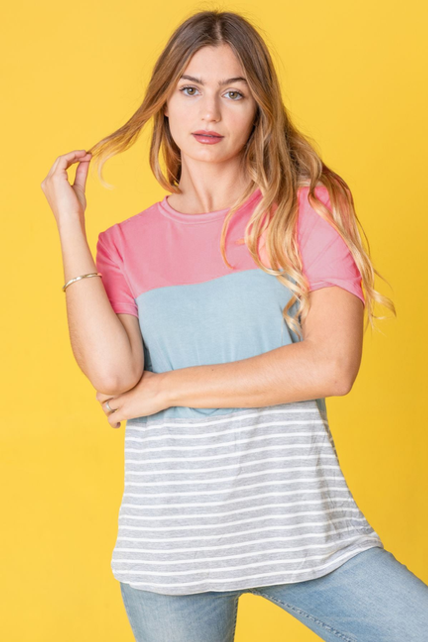 Stripe Color Block Short Sleeve Top - 2ELOGES2376