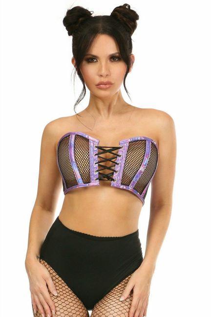 Lavish Holo & Fishnet Lace-Up Short Bustier Top - LV-1316-4X