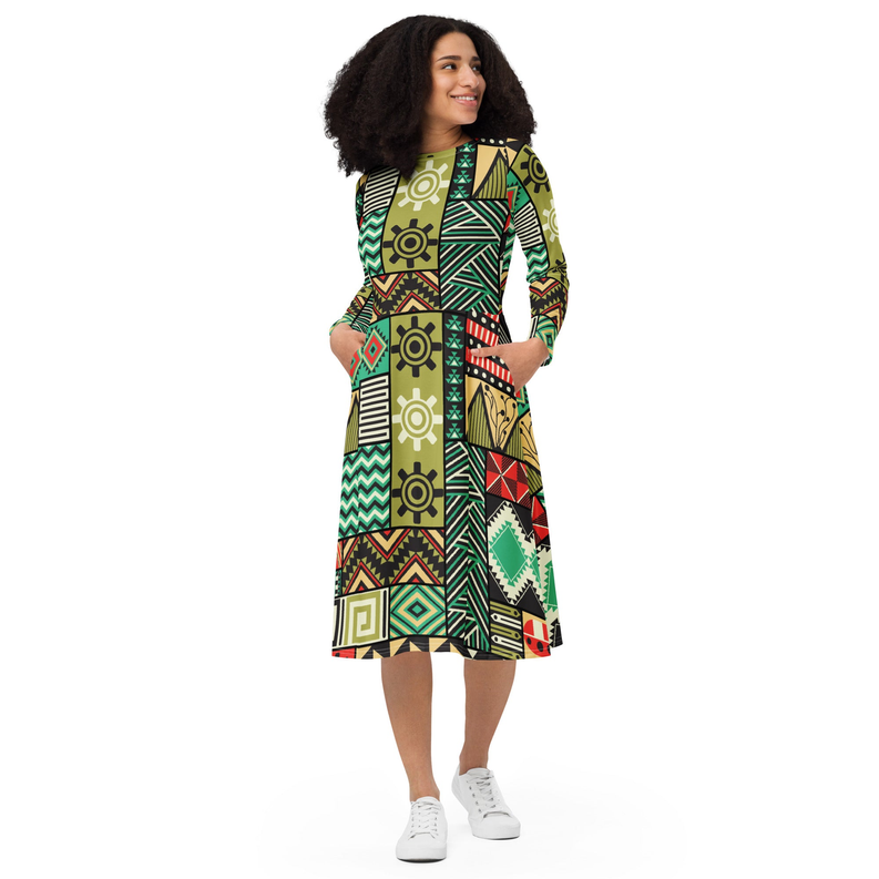 Green Yellow African Print Long Sleeve Midi Dress - 4446855_15103