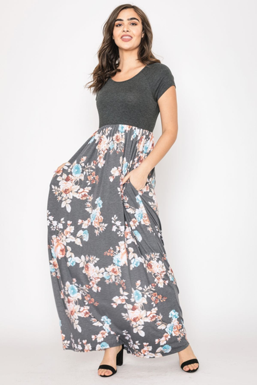Contrast Cap Sleeve Floral Maxi Dress - S002066B002500P001395V014