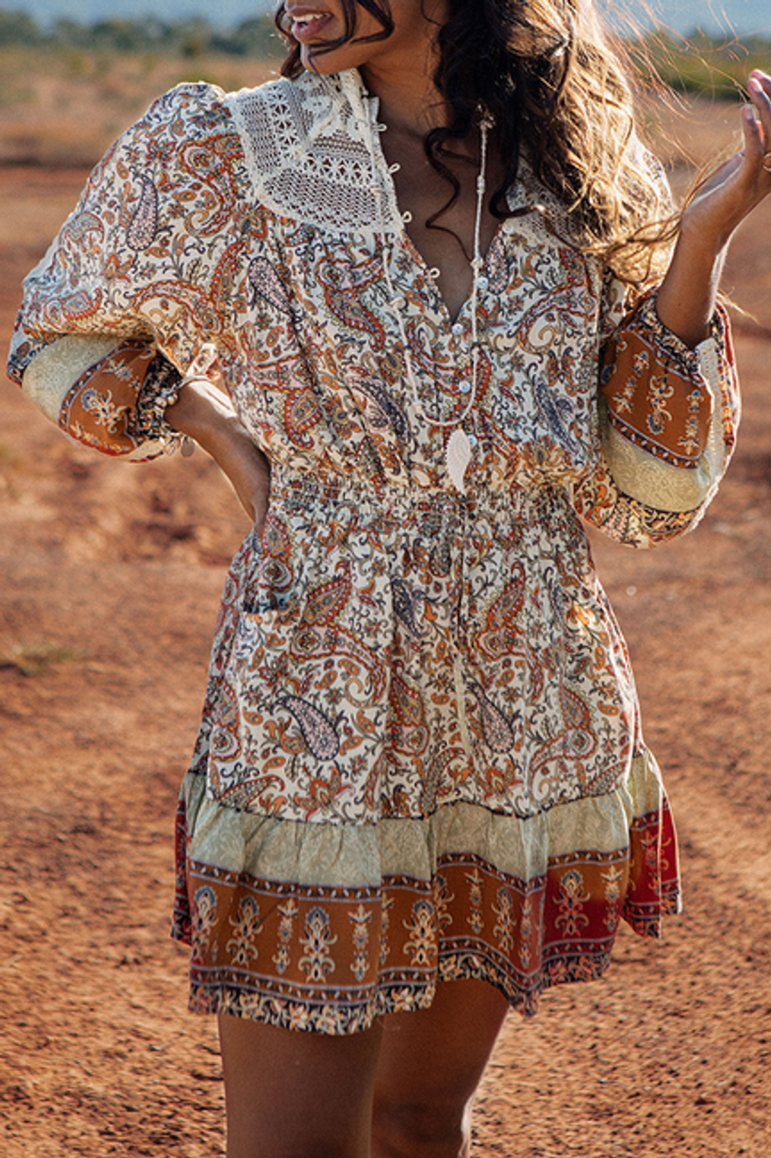 Maeve Lace Splicing Split Neck Paisley Ruffle Mini Dress