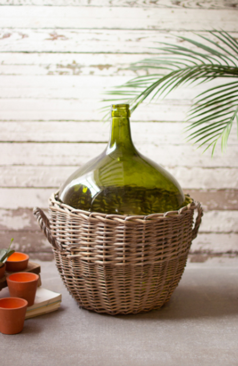 Large Green Glass Damigiana With Wicker Wrap