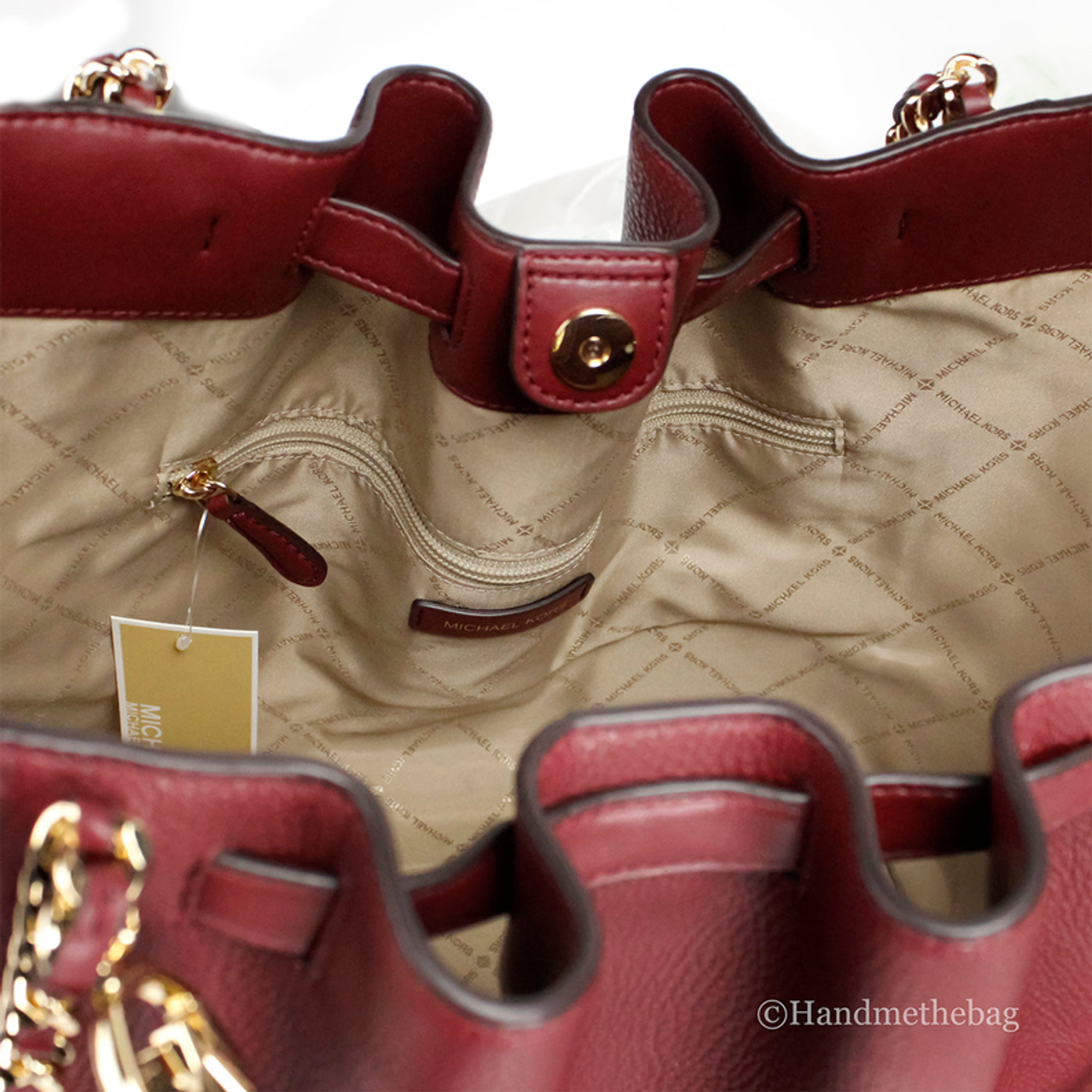 Michael Kors Mina Large Dark Cherry Leather Belted Chain Tote Michael Kors Mina Large Dark Cherry Leather Belted Chain Tote