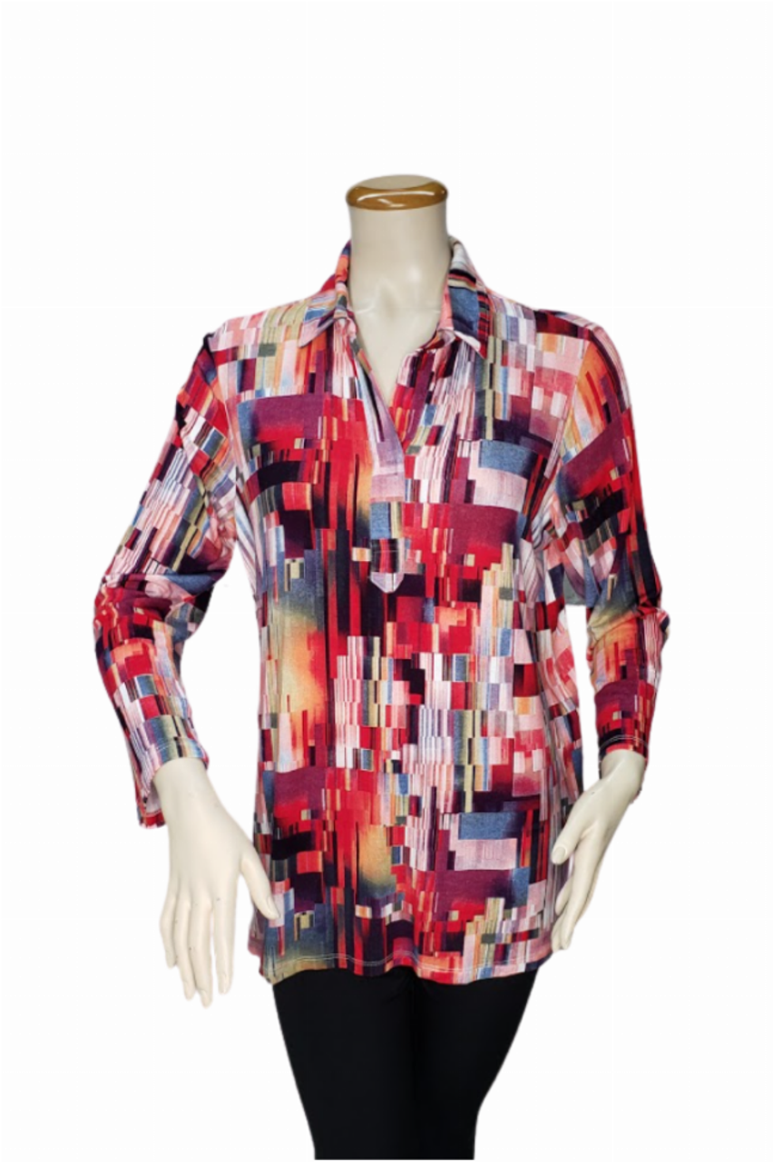 Women's Turn Down Collar Shirt Top Half Placket Button Up Roll Up Sleeves Top - S001372B002006P000143V018