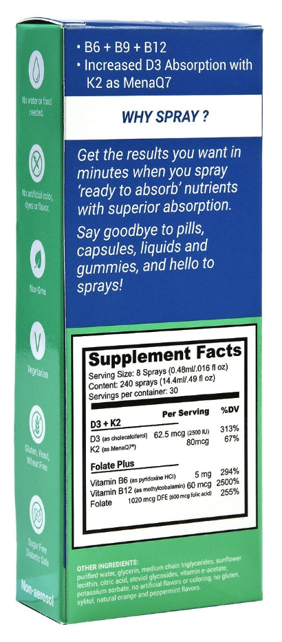 Heart Health Oral Spray Supplement Kit by SpecctraSpray - D3+k2 & Folate Plus